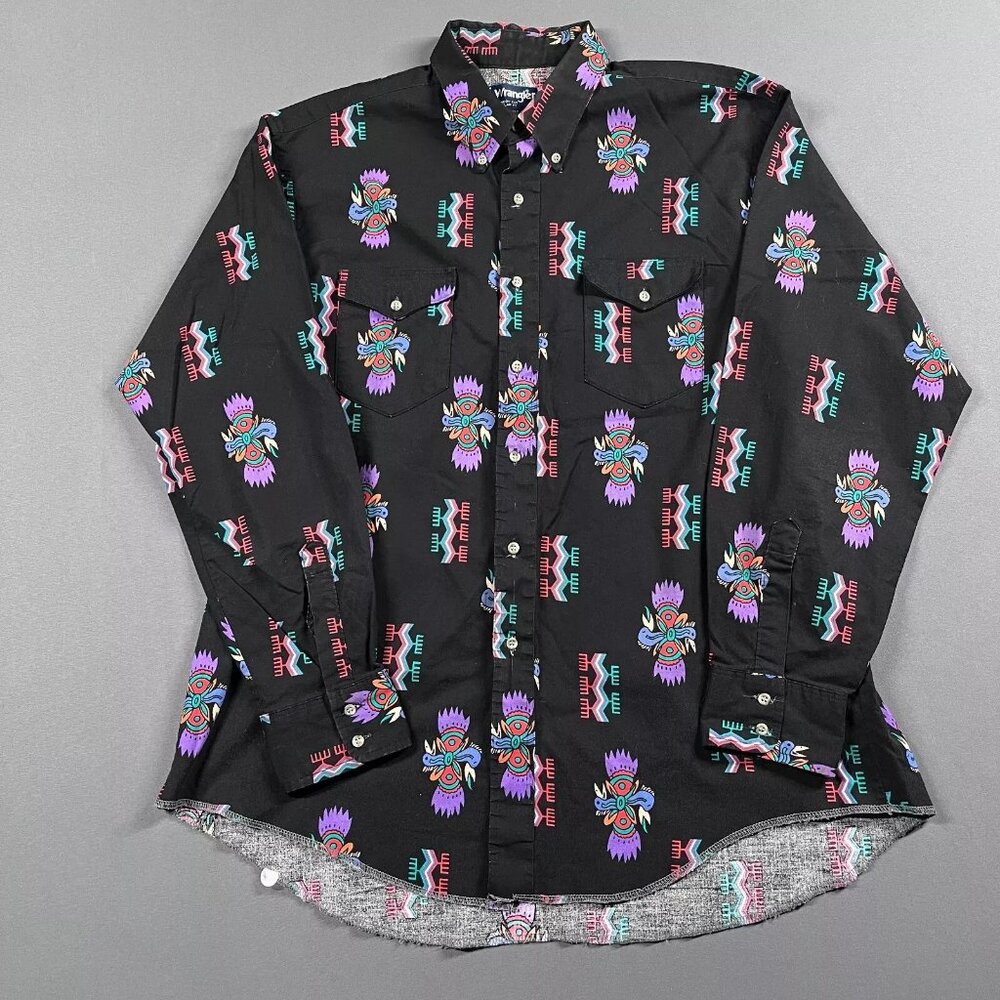 Vintage Wrangler Shirt Mens XL 17.5 Black Western Aztec Cowboy Brushpopper 90s